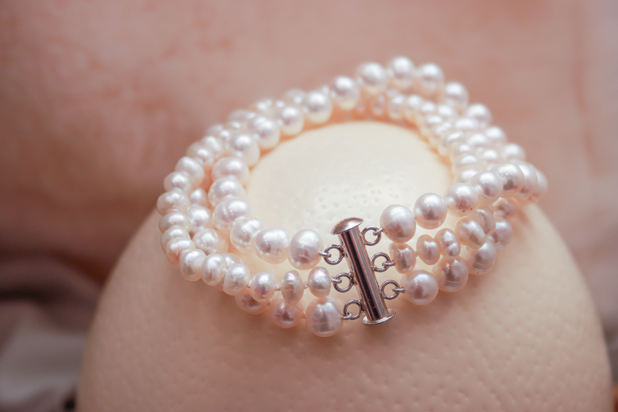 Three Row Natural Colour Freshwater Pearl (7-8mm) Bracelet with Silver ...