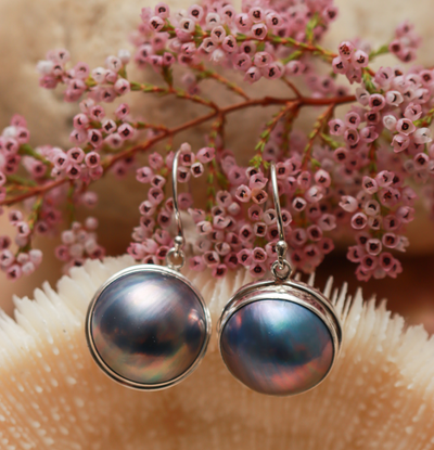Freshwater Blue Mabe Hanging Earrings set in Silver