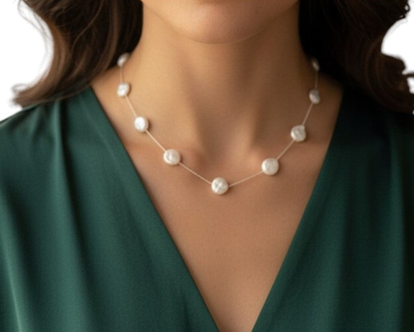 Freshwater coin pearls on silver chain