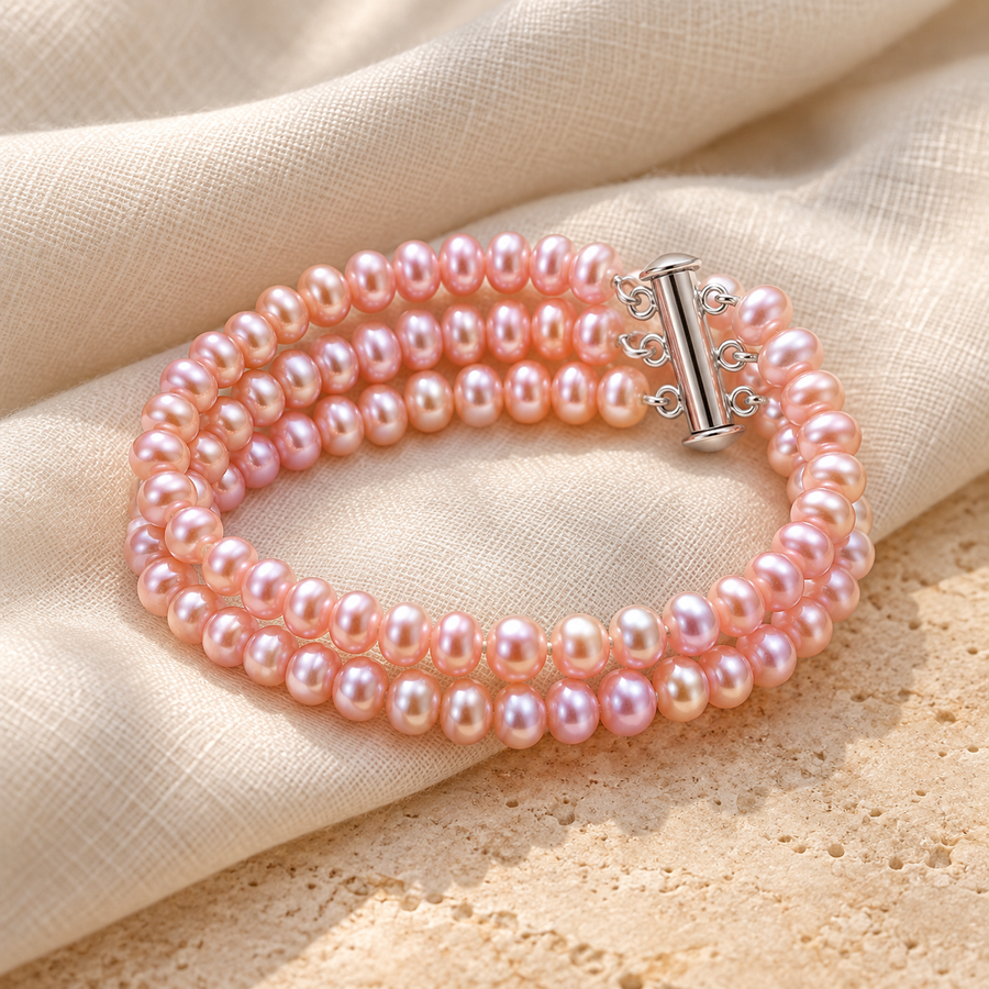 Three strands of pink freshwater pearls with a silver clasp